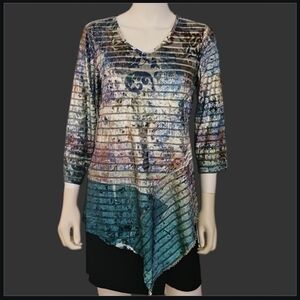 ONE WORLD Turquoise Striped Velvet Burnout Assymetric V-Neck Tunic Small